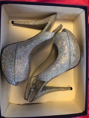 Stuart Weitzman Silver Glitter Platform Slingback Stilettos